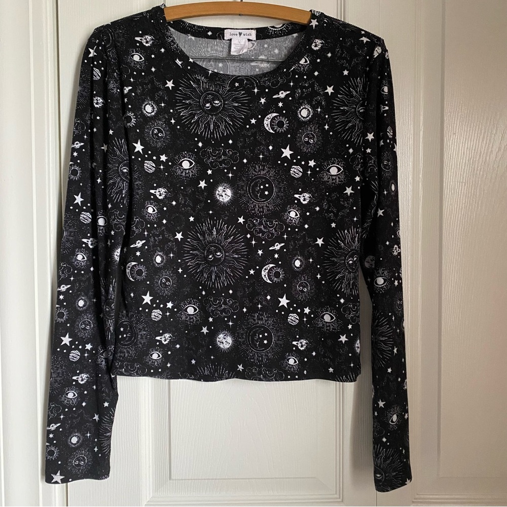 Black Celestial Cropped Stretchy Lightweight Long Sleeve Tee L Gothic Witchy